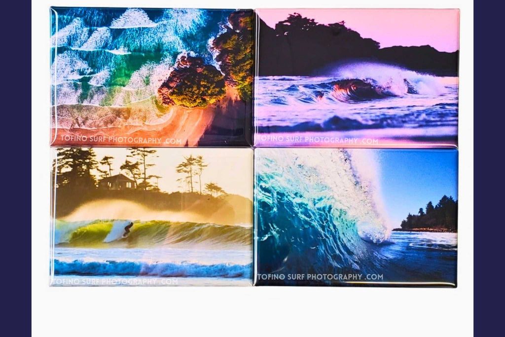 Four square magnets showing ocean wave and nature scenes with 'Milk & Moo Custom Magnets' branding.